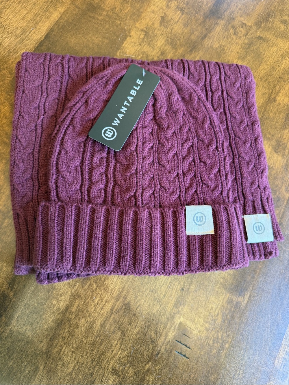 Cable Knit Beanie and Scarf Set - Plum